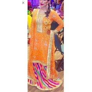 Orange gold gota kameez with wide multi colored gharara